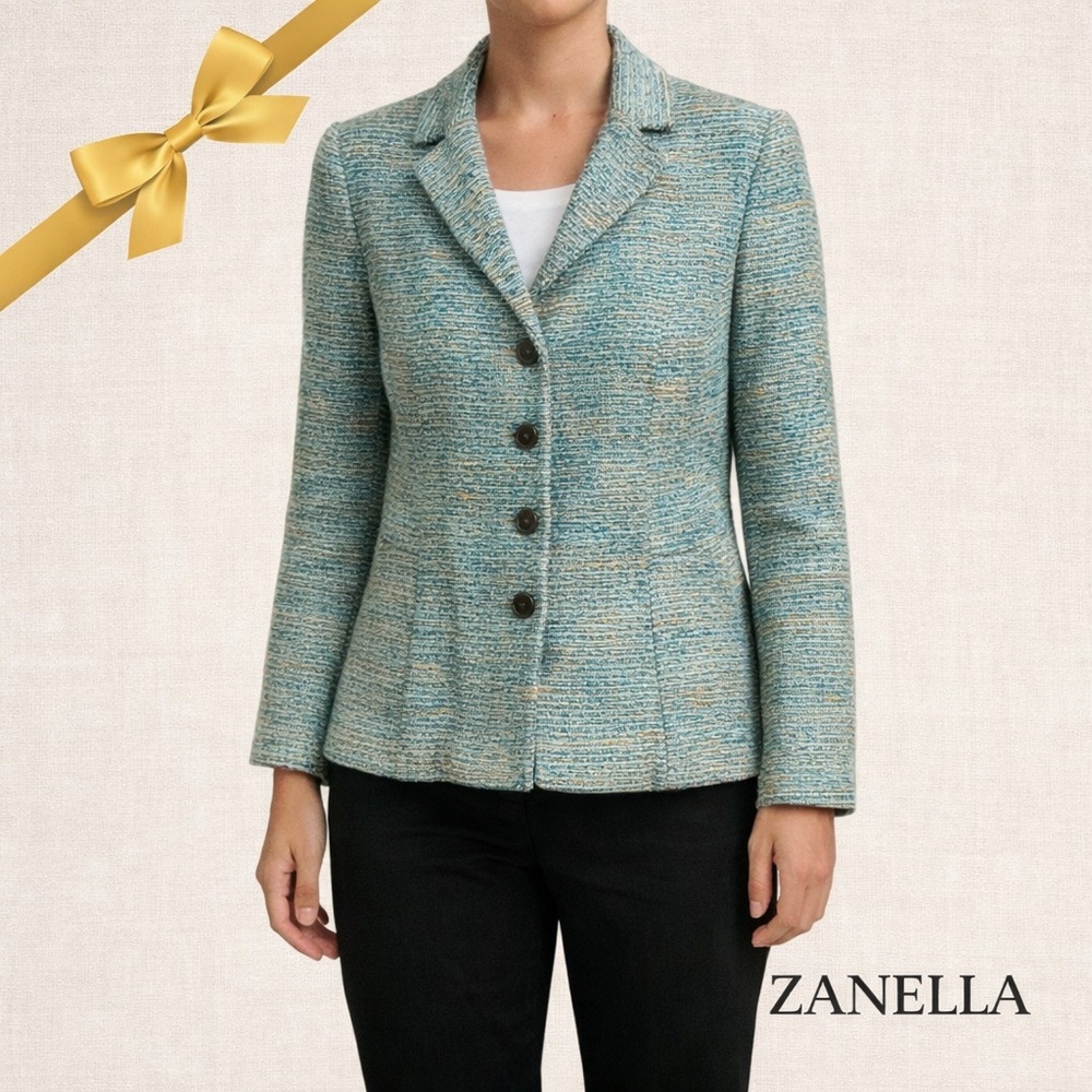 Zanella Textured Tweed Blazer In Teal And Cream
